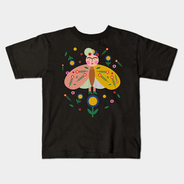 Frida kahlo butterfly colorful summer flowers feminist mexican painter viva la Kids T-Shirt by sugarcloudlb-studio